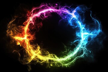 Colorful abstract circle with flame effects, dark background.