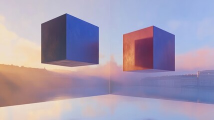 Two floating cubes in a serene, colorful landscape at sunset, reflecting light and atmosphere.