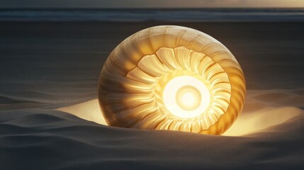 Obraz premium Glowing seashell illuminates the sandy beach at dusk, creating a magical ambiance, AI