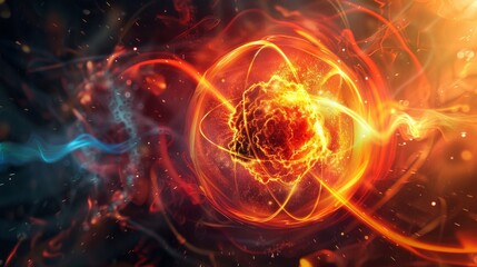 Obraz premium Stylized atom depicted with golden nucleus, red-orange paths, symbolizing atomic energy. Blue nebulous presence, cosmic and abstract feel against black backdrop.