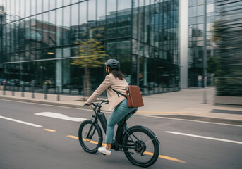 Businesswoman is going to work riding an electric bicycle in the city center