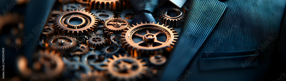 Poster business suit concept vector graphic filled with gears and cogs symbolizing intricate business opera