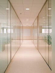 Fototapeta premium Modern Office with Glass Partitions, Employees Working, and Blank Screen in Hallway
