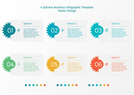 6 options business infographic template, theme of rectangle frame with gear on the left side, also with number and symbols
