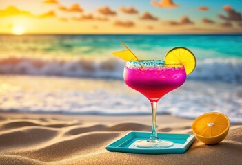 vibrant tropical beach cocktail art featuring colorful refreshing drink set sandy shoreline backdrop, glass, umbrella, beverage, ocean, island, paradise