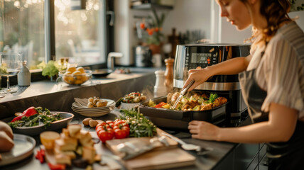 A woman prepares delicious meal in modern kitchen, using an air fryer to cook variety of vegetables and meats. scene is vibrant and inviting, showcasing fresh ingredients and cozy atmosphere