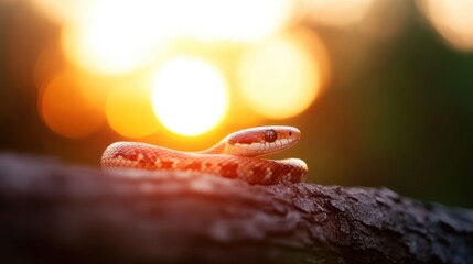 Graceful Serpent Silhouette Coiled on Tree Branch at Sunset