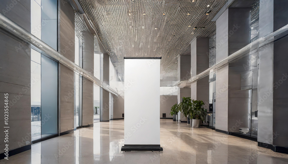 Poster modern lobby with sleek design showcasing a blank display board in a spacious building during daylig