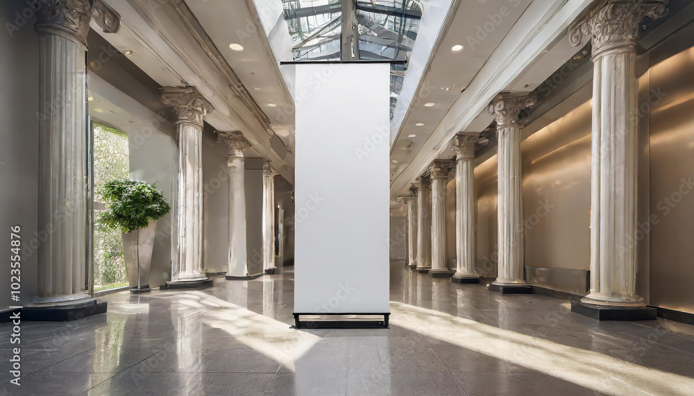 Poster modern exhibition hall featuring empty display space surrounded by elegant columns and natural light