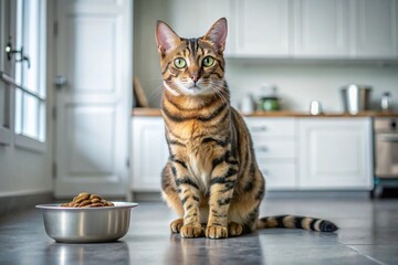 A cute Bengal cat near a feeding bowl in a white kitchen. The cat is looking at the camera. Taking care of animals.