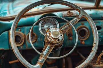 Obraz premium Close up of a rusty steering wheel and dashboard inside an old abandoned car, showing the effects of time and decay