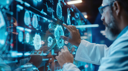 A scientist analyzes advanced brain imaging data on digital screen, showcasing intricate graphics and medical technology. atmosphere is focused and innovative, highlighting importance of research in n