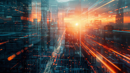 A vibrant cityscape at sunset, showcasing dynamic blend of skyscrapers and glowing lights. scene captures essence of urban life, with streaks of light symbolizing movement and energy