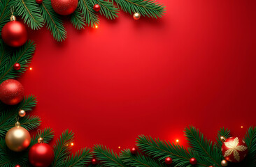 Spruce branches and glass spruce balls on a red background. Place for the text