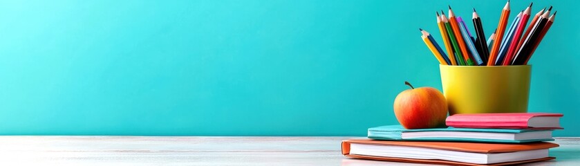 Colorful stationery and apple on stacked books against a turquoise background.