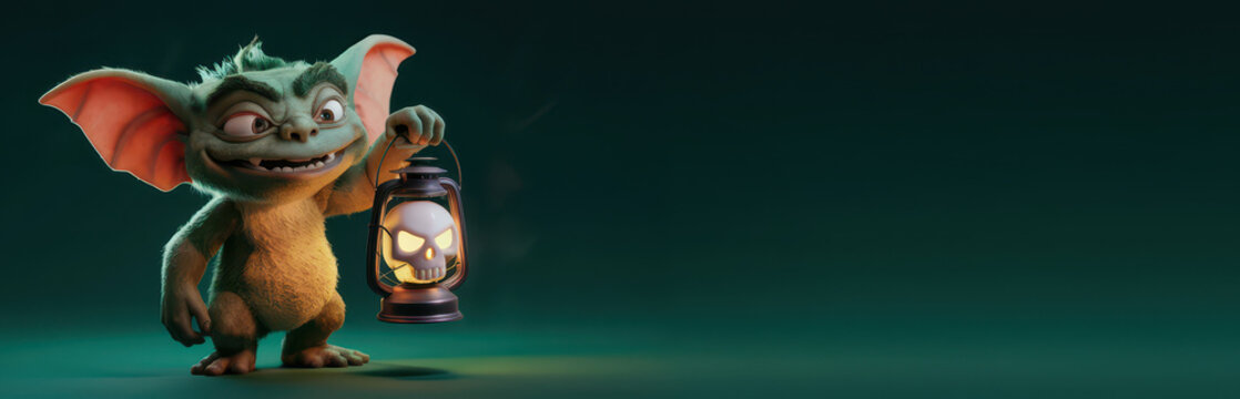 halloween banner 3d cartoon illustration gremlin with a skull latern