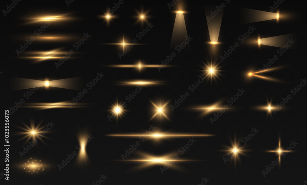 Aufkleber set of sun light stars with golden rays on transparent background with dust effect. glow light star,