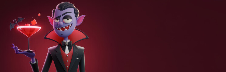 halloween banner 3d cartoon illustration vampire holding a bat cocktail