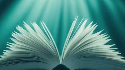 Open book with pages fanned out under ethereal light beams, AI