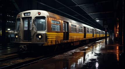 Fototapeta premium Commuter train at metro railway station at night. Neural network ai generated art