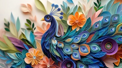 Multicolored paper cut peacock with intricate feather details in radiant blues, greens, and purples, paper cut peacock, colorful elegance