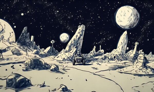 A surreal lunar landscape with futuristic vehicles and celestial bodies.