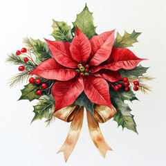 A bright red poinsettia bow with a green and gold ribbon, holly leaves, and red berries, painted in delicate watercolor on a white backdrop