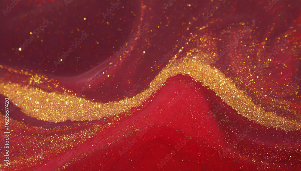 Poster vibrant red and gold abstract design with shimmering textures and flowing patterns in a mesmerizing 