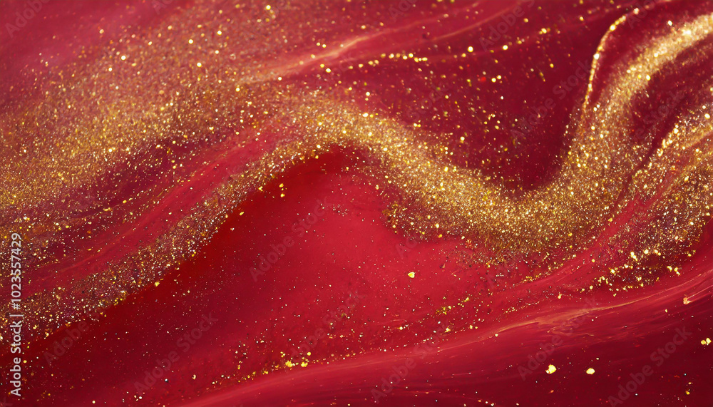 Poster vibrant red and gold abstract art with swirling patterns and shimmering sparkles