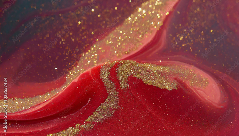 Poster vibrant red resin flowing with shimmering gold glitter creating an abstract art piece in a tranquil 