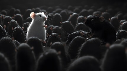 Obraz premium A white mouse and a black mouse face each other amidst a dark, fuzzy landscape, creating a striking contrast and an engaging visual narrative.