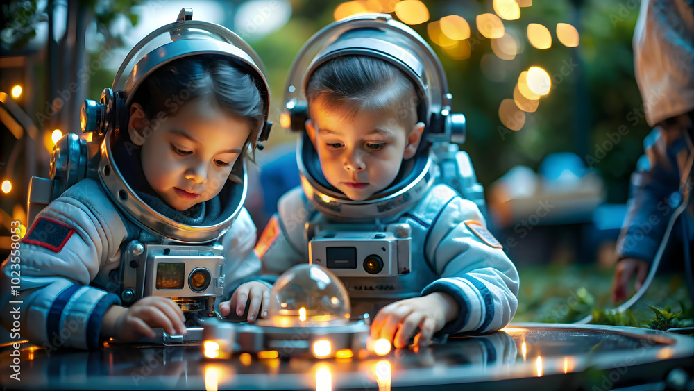 Aufkleber children astronauts exploring backyard space station setup: macro close-up of wonder with toy gadget