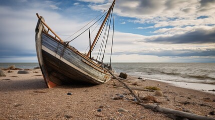 A view of the ruins of a wooden sailing boat in the old harbour. Neural network ai generated art