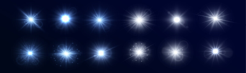 Star burst with light, white sun rays. Sunlight, abstract special effect. Sunlight glare effects realistic vector illustration set. Sunbeams natural flare.