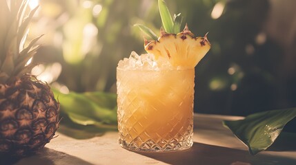A refreshing cocktail garnished with pineapple sits on a table, surrounded by lush greenery, creating a vibrant, tropical atmosphere.