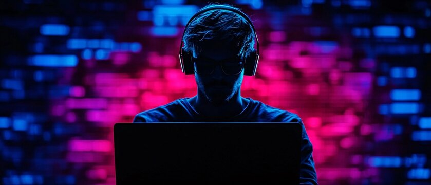 Cybersecurity Intrusion - Silhouette of Hacker with Laptop, Blue Light Glow, Digital Patterns, Dramatic Angle