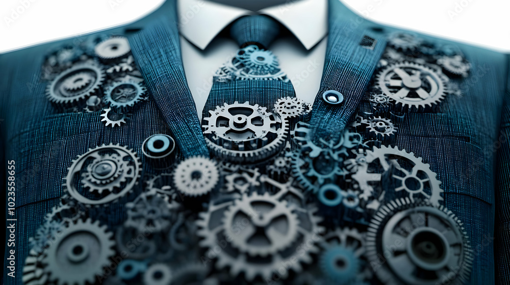 Poster 3d business suit with gears and cogs concept - vector graphic icon of inner workings of business ope
