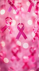 Fototapeta premium Pink awareness ribbons float in a glowing background, promoting breast cancer awareness