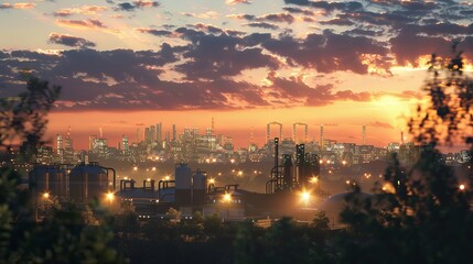 Naklejka premium Golden Hour Glow Sustainable Cityscape with Landfill Gas Recovery Facility