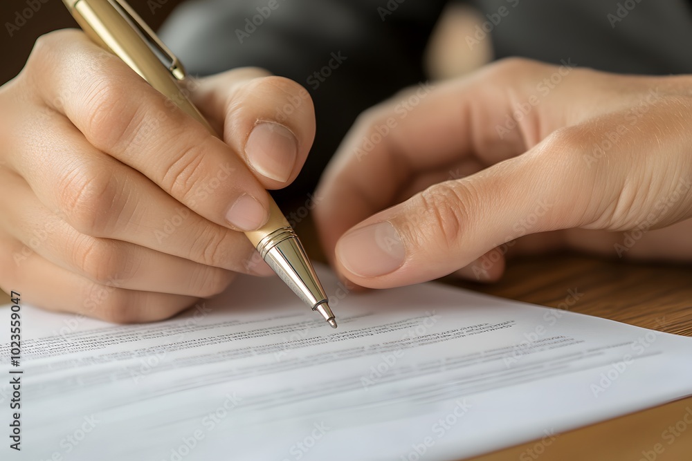 Poster a close-up of a hand writing with a pen on a piece of paper, emphasizing the act of note-taking or d