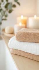 Cozy Bathroom Ambiance with Rolled Soft Terry Towels, Candles, and Greenery