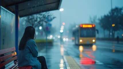 Girl sitting at a bus stop on a rainy day