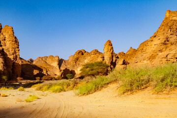 A view of the amazing red rock formations.  Essendilene Canyon,  Tadrart mountains. Tassili N'Ajjer National Park, Sahara desert, Djanet, Algeria, Africa