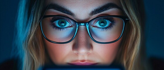 Intense Focus: Close-up of Eyes on Phone Screen with Glasses Reflecting Light in Dim Background