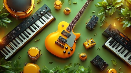 A modern digital music studio illustration, with electric guitars, synthesizers, and a drum kit arranged in a spiral pattern. The pastel green background is filled with abstract geometric patterns,