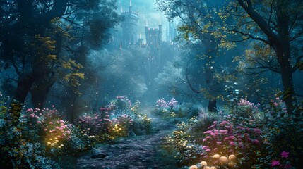 Enchanted Forest Illuminated Path to Ancient Castle Mystical Fantasy Landscape Stock Image