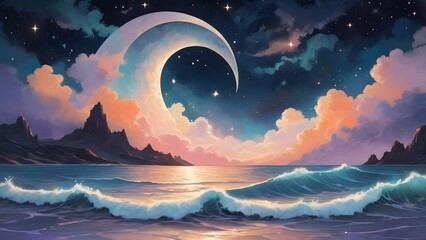 Obraz premium Moonlit Ocean Waves Under a Starry Sky, Capturing Tranquil Nighttime Serenity and the Magic of Nature’s Timeless Beauty in a Dreamlike Coastal Landscape.