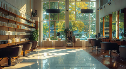 A modern, vibrant hair salon interior, illuminated by natural sunlight streaming in through large windows.