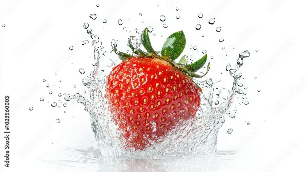Poster a fresh strawberry splashing into water, creating a watery explosion