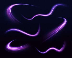 High speed effect motion blur night lights blue and red. Magic shining neon light line trails. Vector speed of light in space on dark background. 